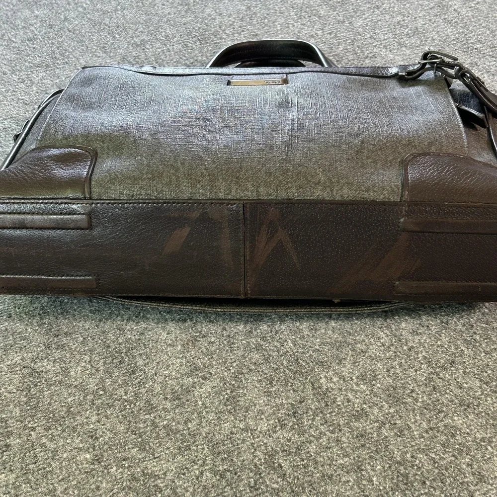 TUMI Gray Brown Leather Trim Laptop Briefcase Messenger Business Travel Bag